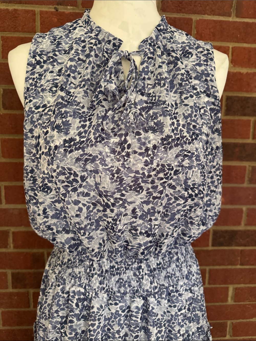 MSK Blue and White Floral Tiered Maxi Dress - Sleeveless Smocked Waist - Picture 2 of 10
